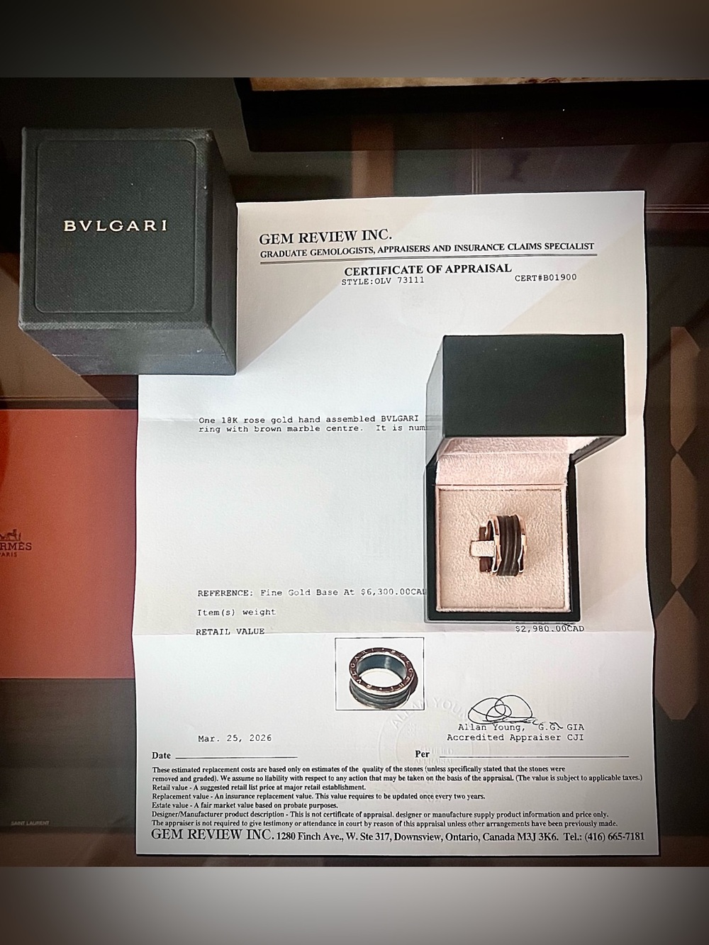 BVLGARI B.zero1 4-Band Ring - 18k Rose Gold, Brown Marble. Sz. 63/10.5. Full Set